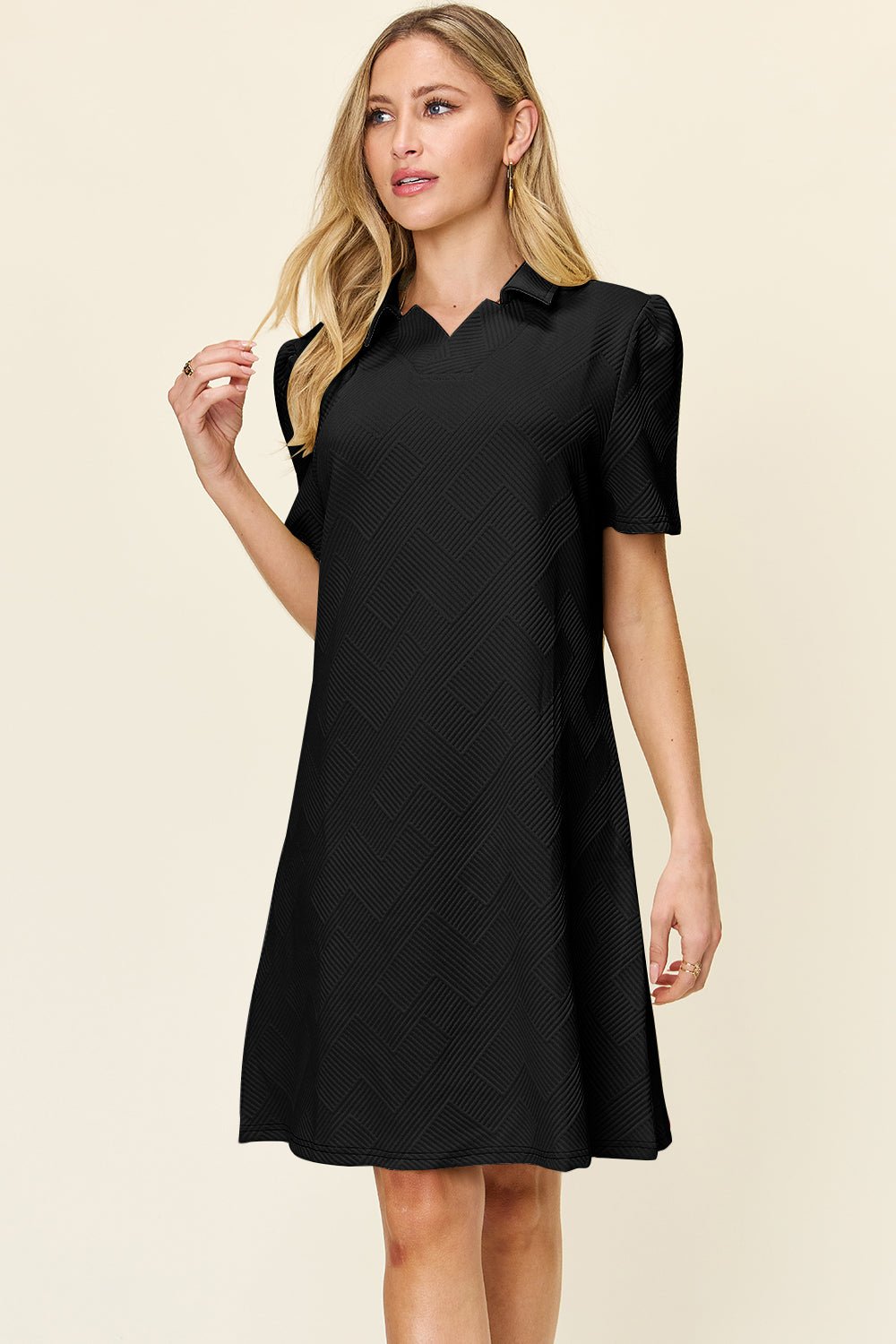 Double Take Full Size Texture Collared Neck Short Sleeve Dress - Bella Blue Styles