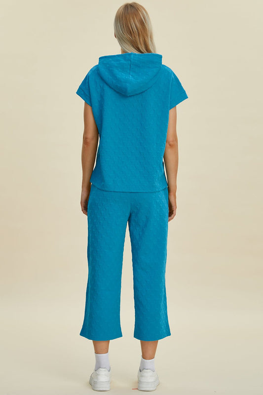Double Take Full Size Texture Drawstring Short Sleeve Hoodie and Pocketed Pants Set - Bella Blue Styles
