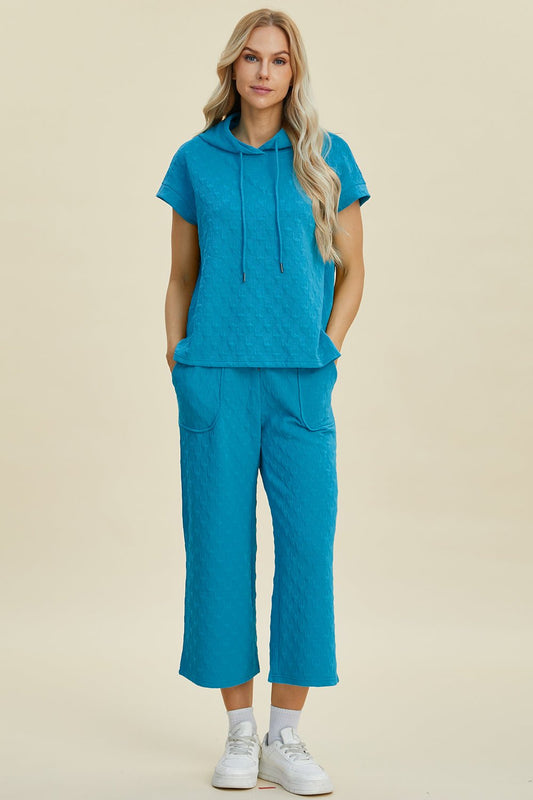 Double Take Full Size Texture Drawstring Short Sleeve Hoodie and Pocketed Pants Set - Bella Blue Styles