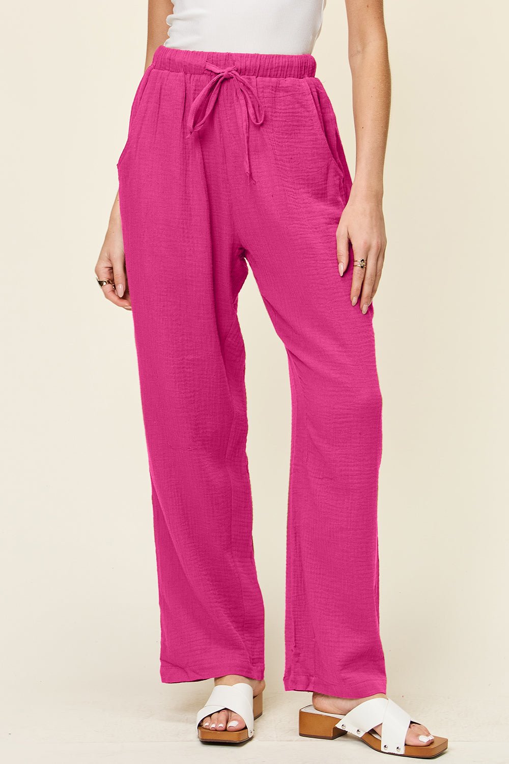 Double Take Full Size Texture Drawstring Straight Pants - Bella Blue Styles