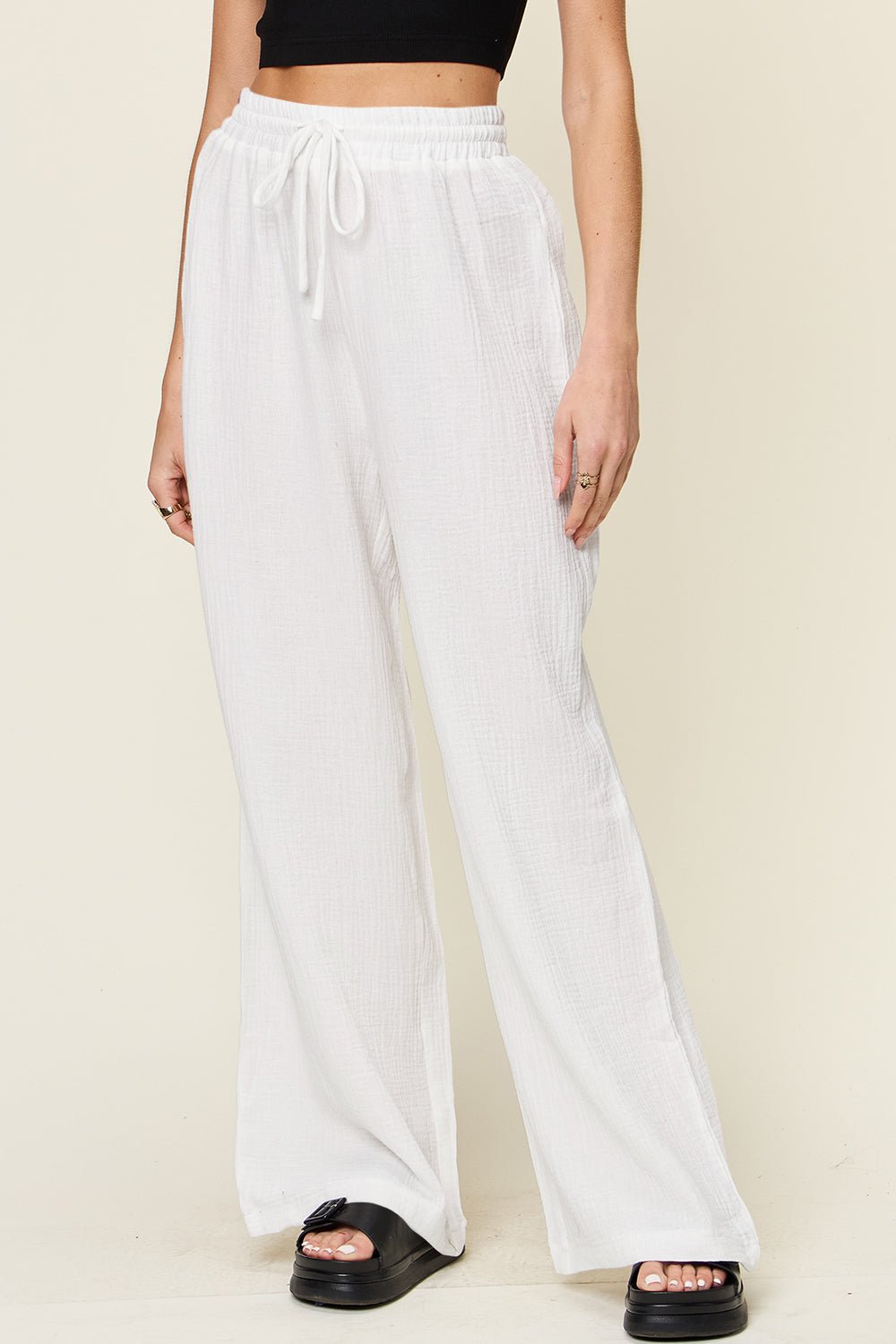 Double Take Full Size Texture Drawstring Wide Leg Pants - Bella Blue Styles