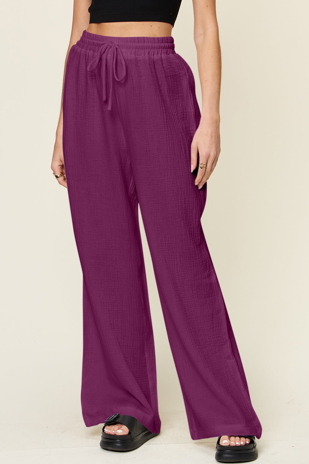 Double Take Full Size Texture Drawstring Wide Leg Pants - Bella Blue Styles