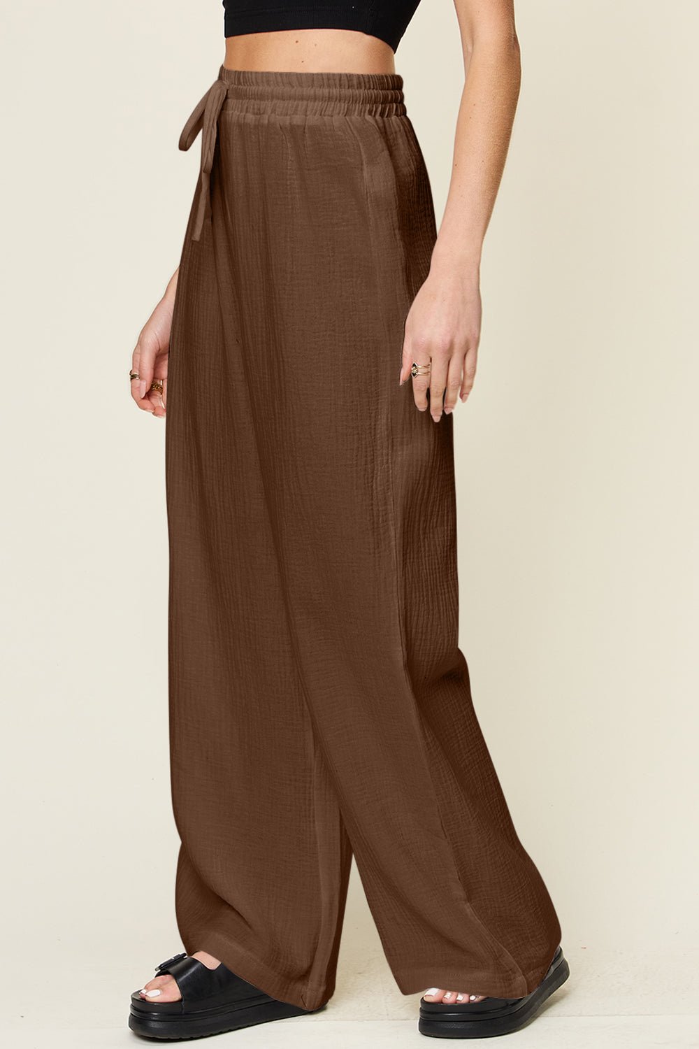 Double Take Full Size Texture Drawstring Wide Leg Pants - Bella Blue Styles