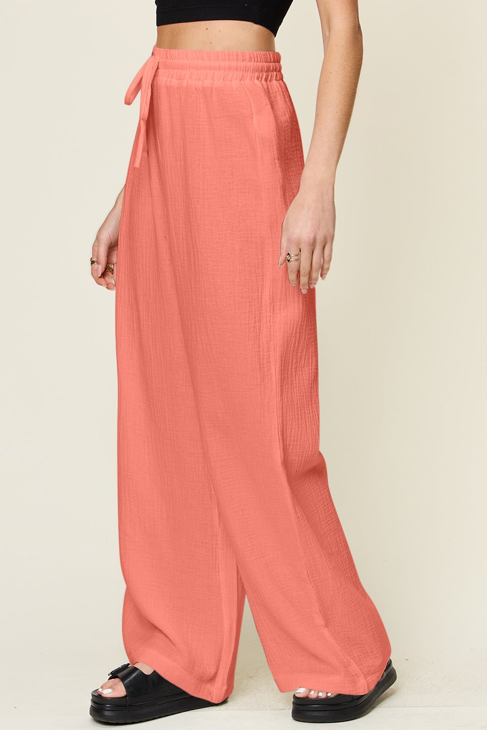 Double Take Full Size Texture Drawstring Wide Leg Pants - Bella Blue Styles