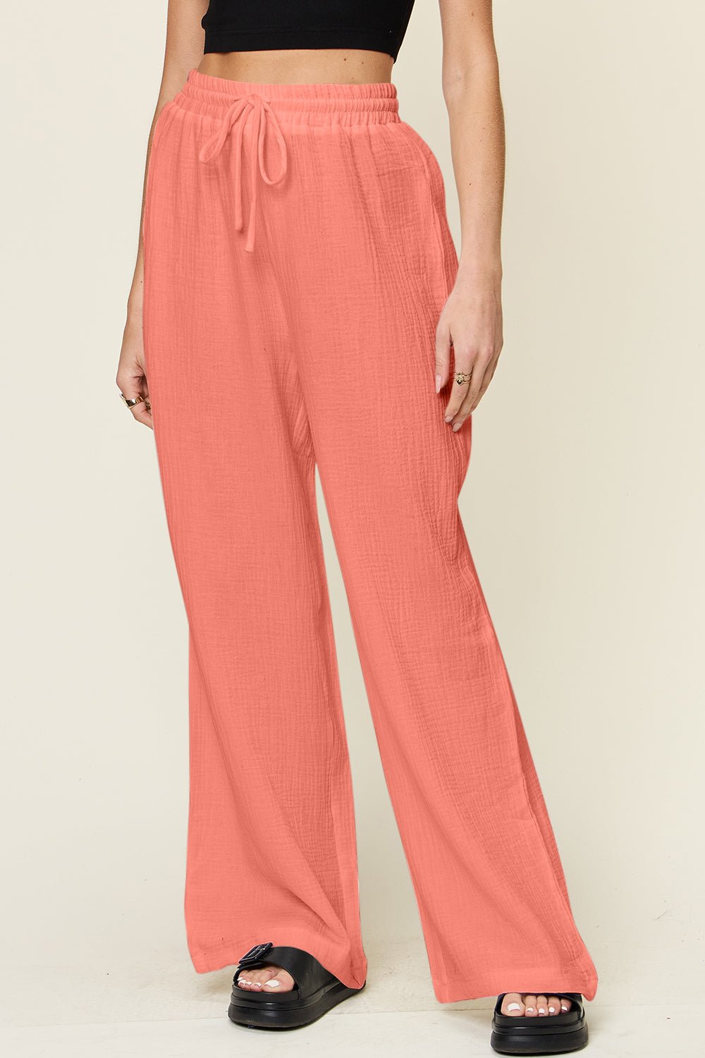Double Take Full Size Texture Drawstring Wide Leg Pants - Bella Blue Styles