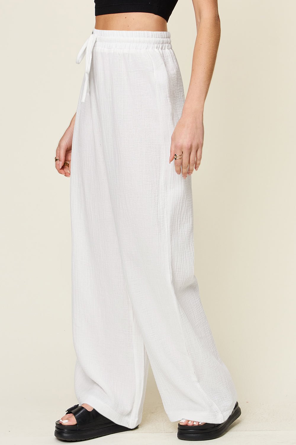 Double Take Full Size Texture Drawstring Wide Leg Pants - Bella Blue Styles