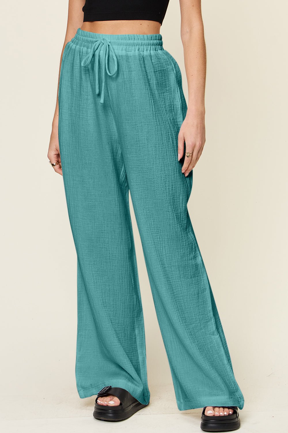 Double Take Full Size Texture Drawstring Wide Leg Pants - Bella Blue Styles