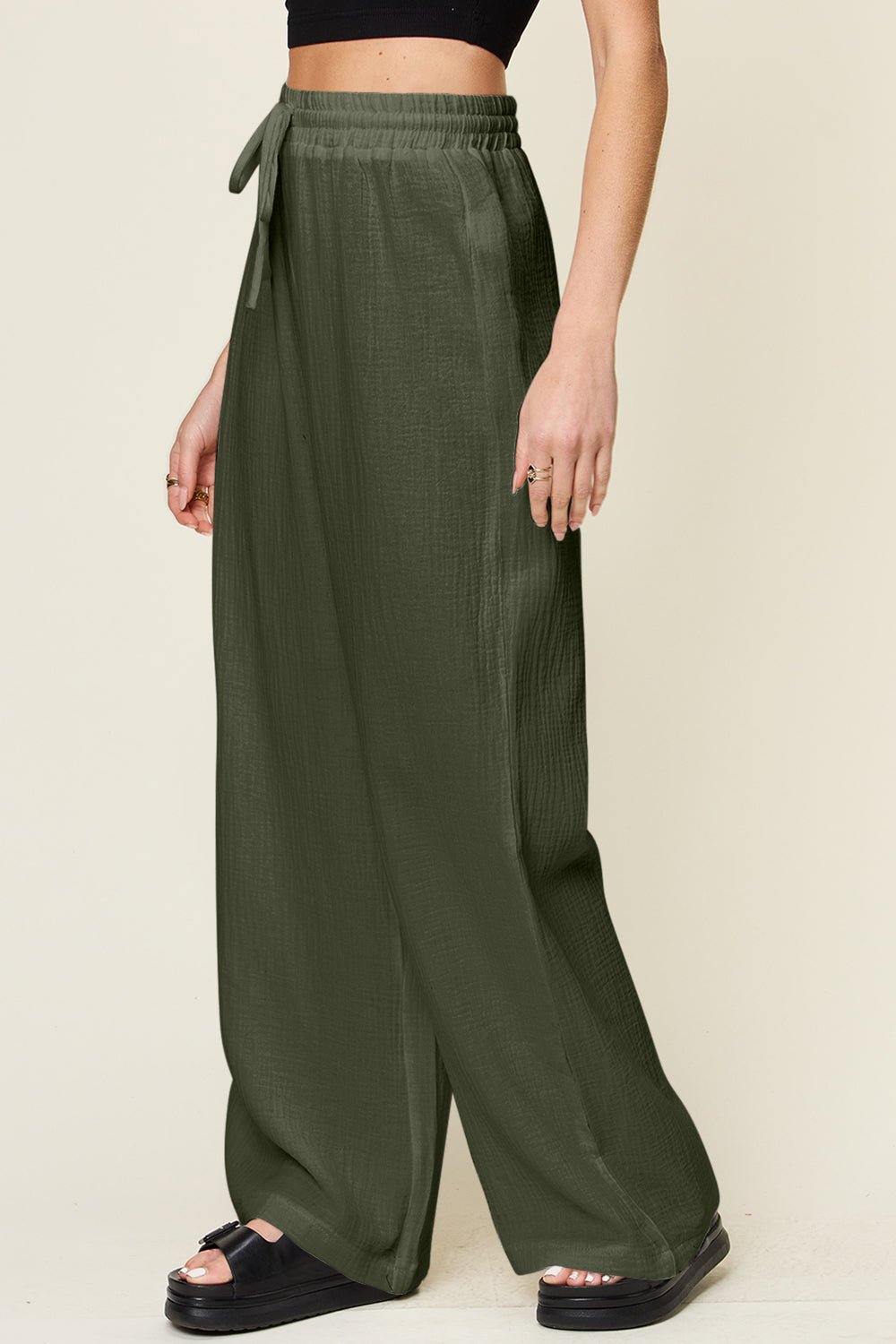 Double Take Full Size Texture Drawstring Wide Leg Pants - Bella Blue Styles
