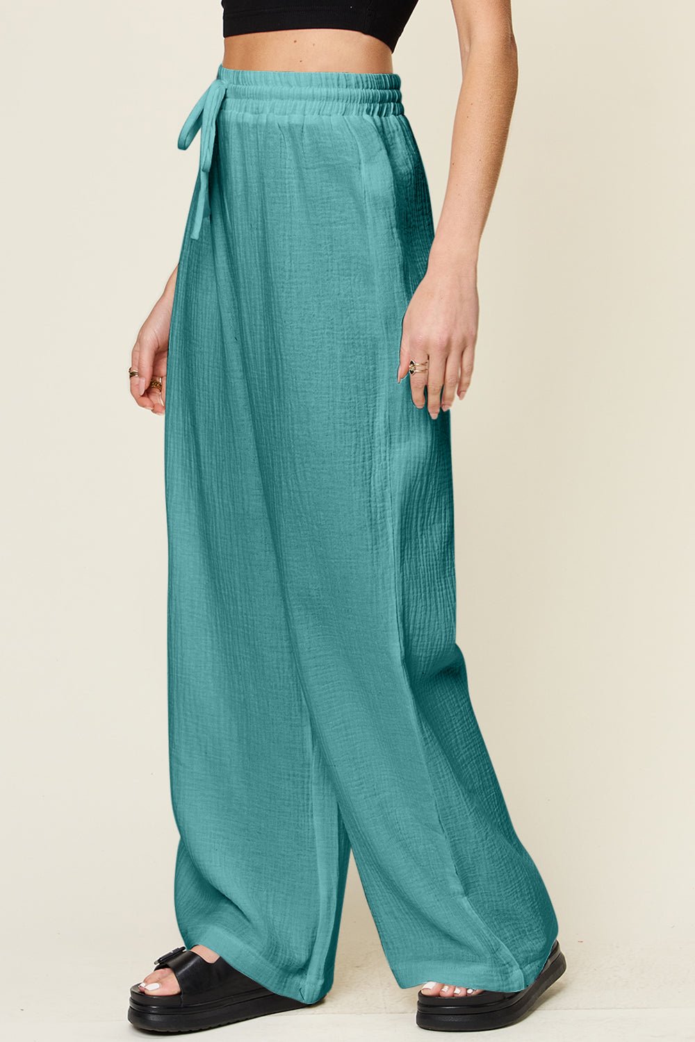 Double Take Full Size Texture Drawstring Wide Leg Pants - Bella Blue Styles