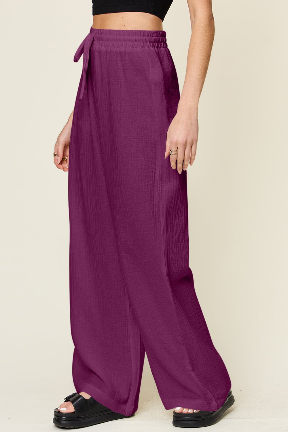 Double Take Full Size Texture Drawstring Wide Leg Pants - Bella Blue Styles