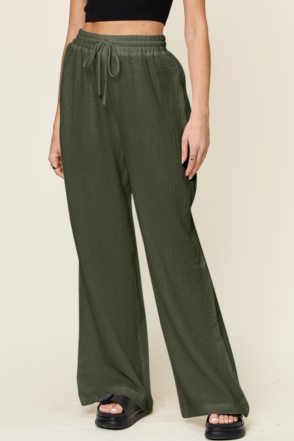 Double Take Full Size Texture Drawstring Wide Leg Pants - Bella Blue Styles