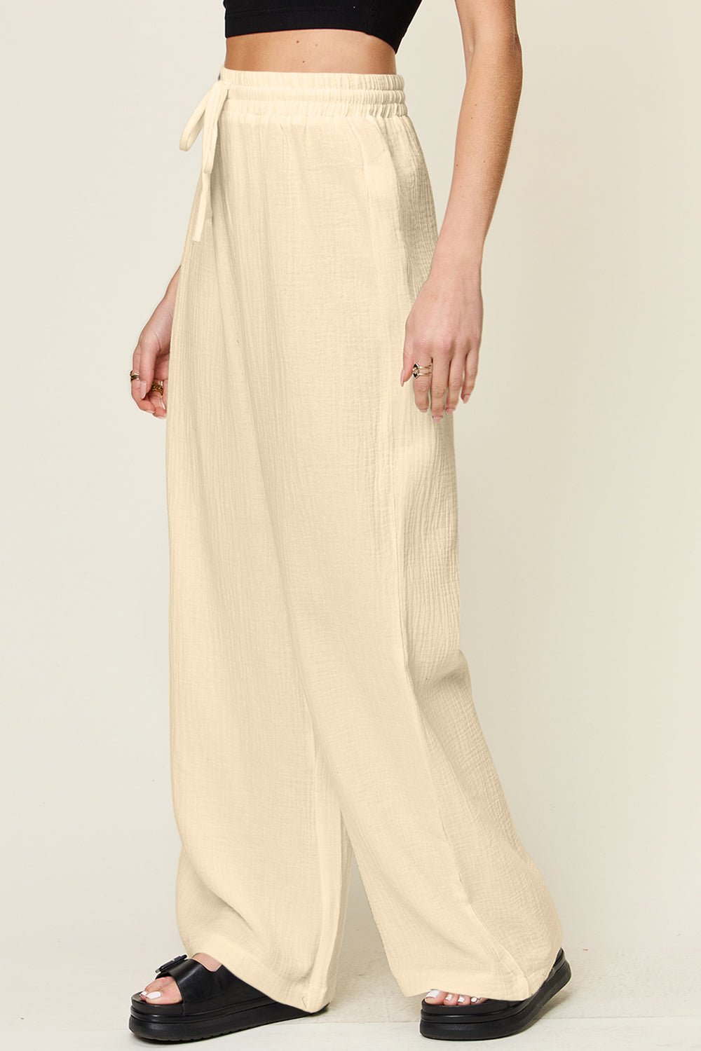 Double Take Full Size Texture Drawstring Wide Leg Pants - Bella Blue Styles