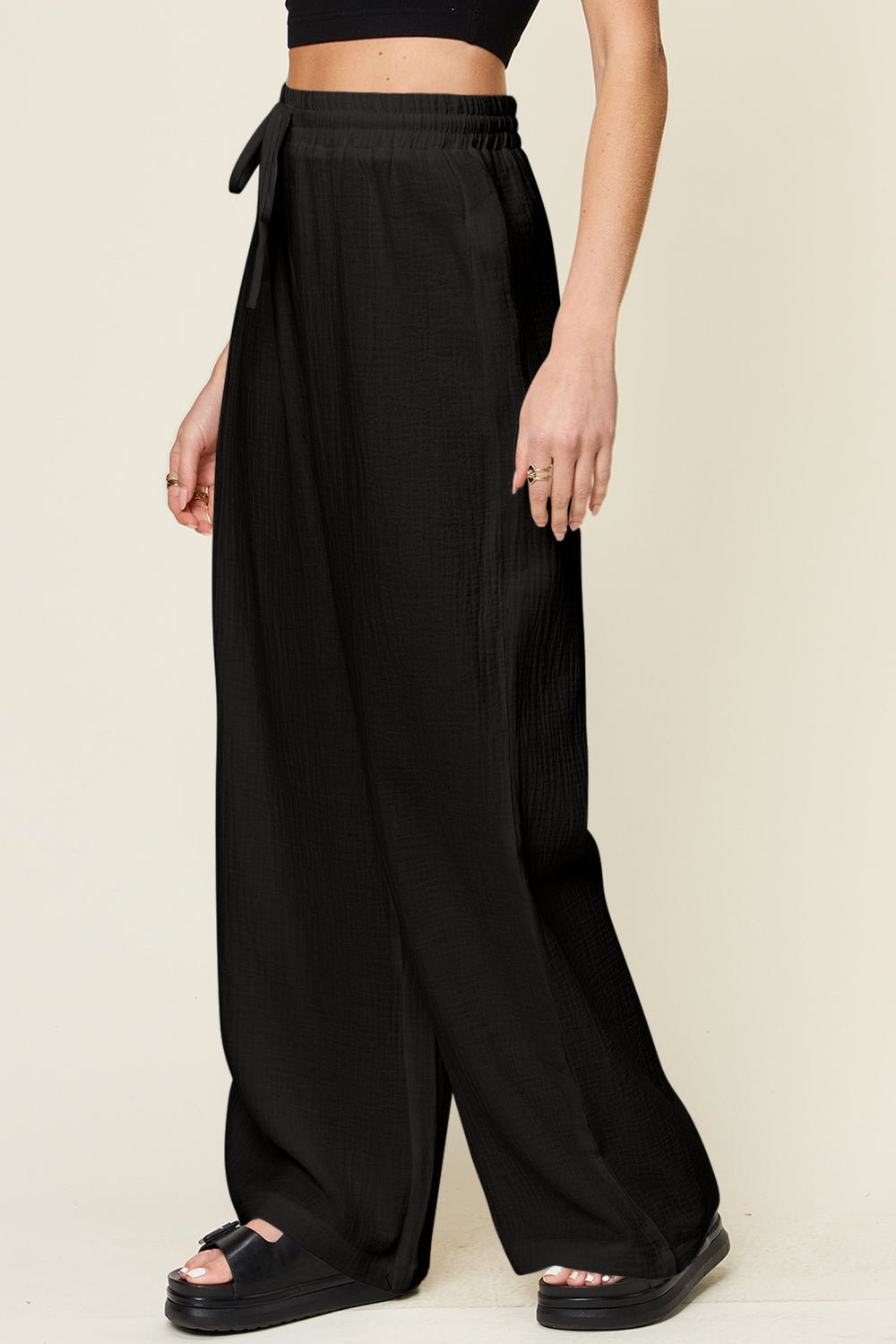 Double Take Full Size Texture Drawstring Wide Leg Pants - Bella Blue Styles