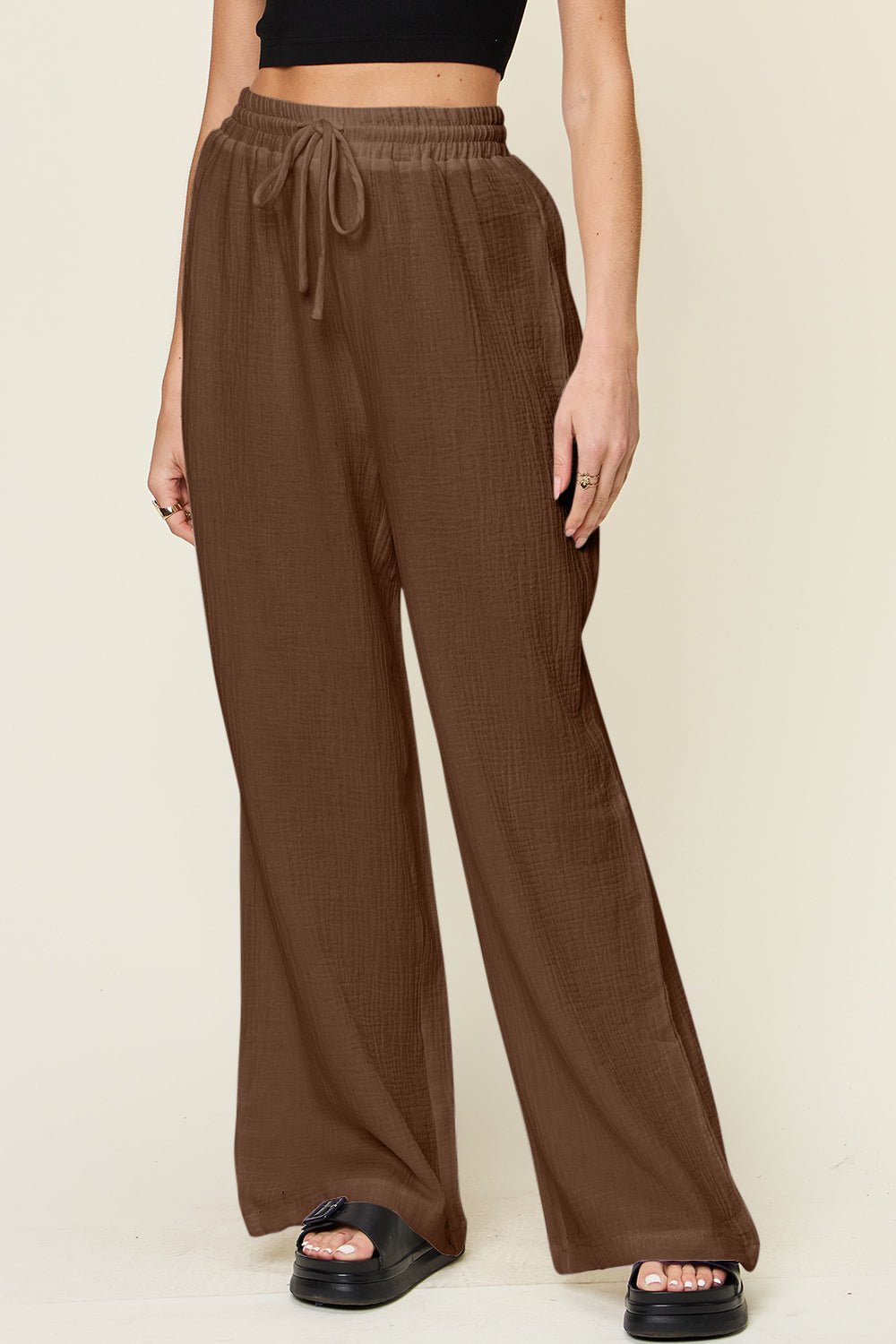 Double Take Full Size Texture Drawstring Wide Leg Pants - Bella Blue Styles