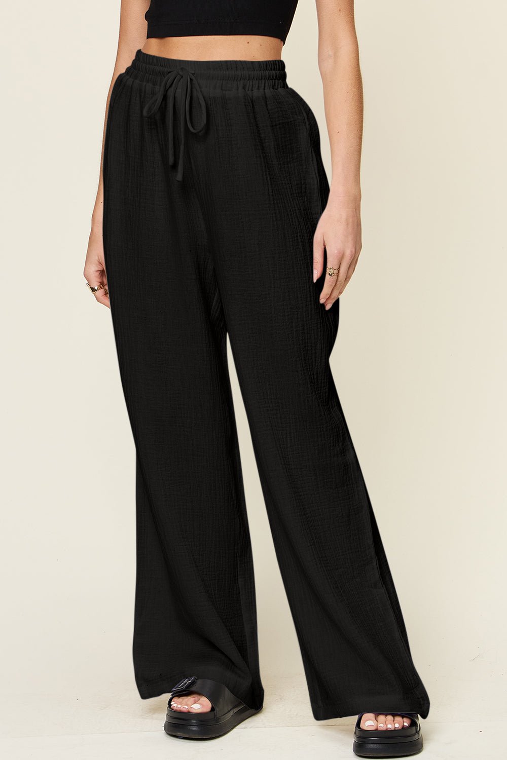 Double Take Full Size Texture Drawstring Wide Leg Pants - Bella Blue Styles