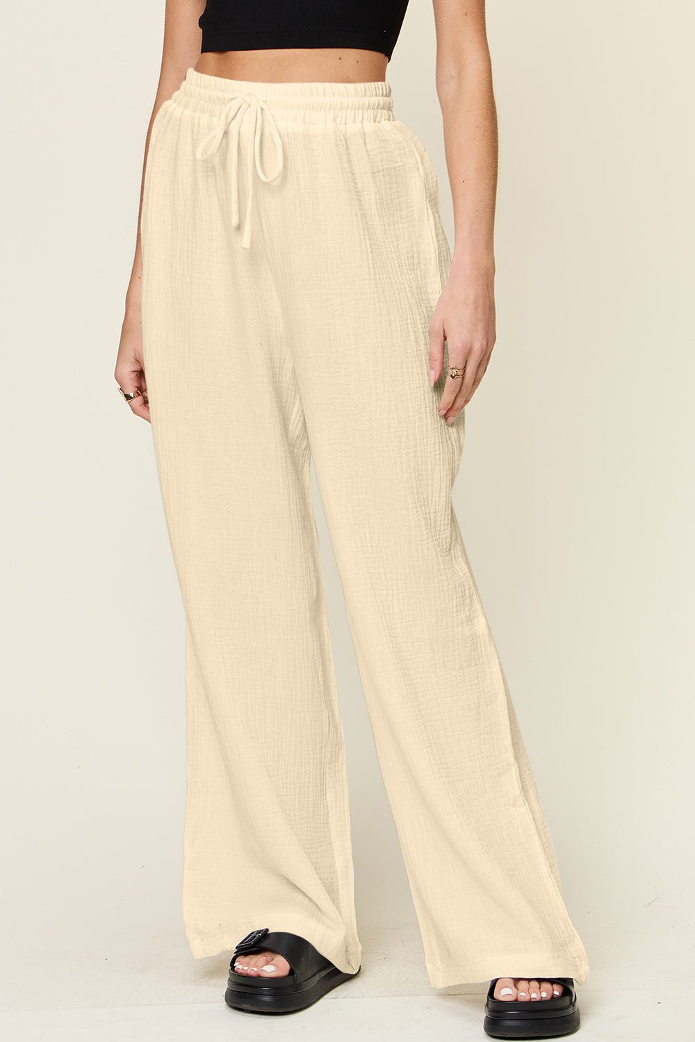Double Take Full Size Texture Drawstring Wide Leg Pants - Bella Blue Styles