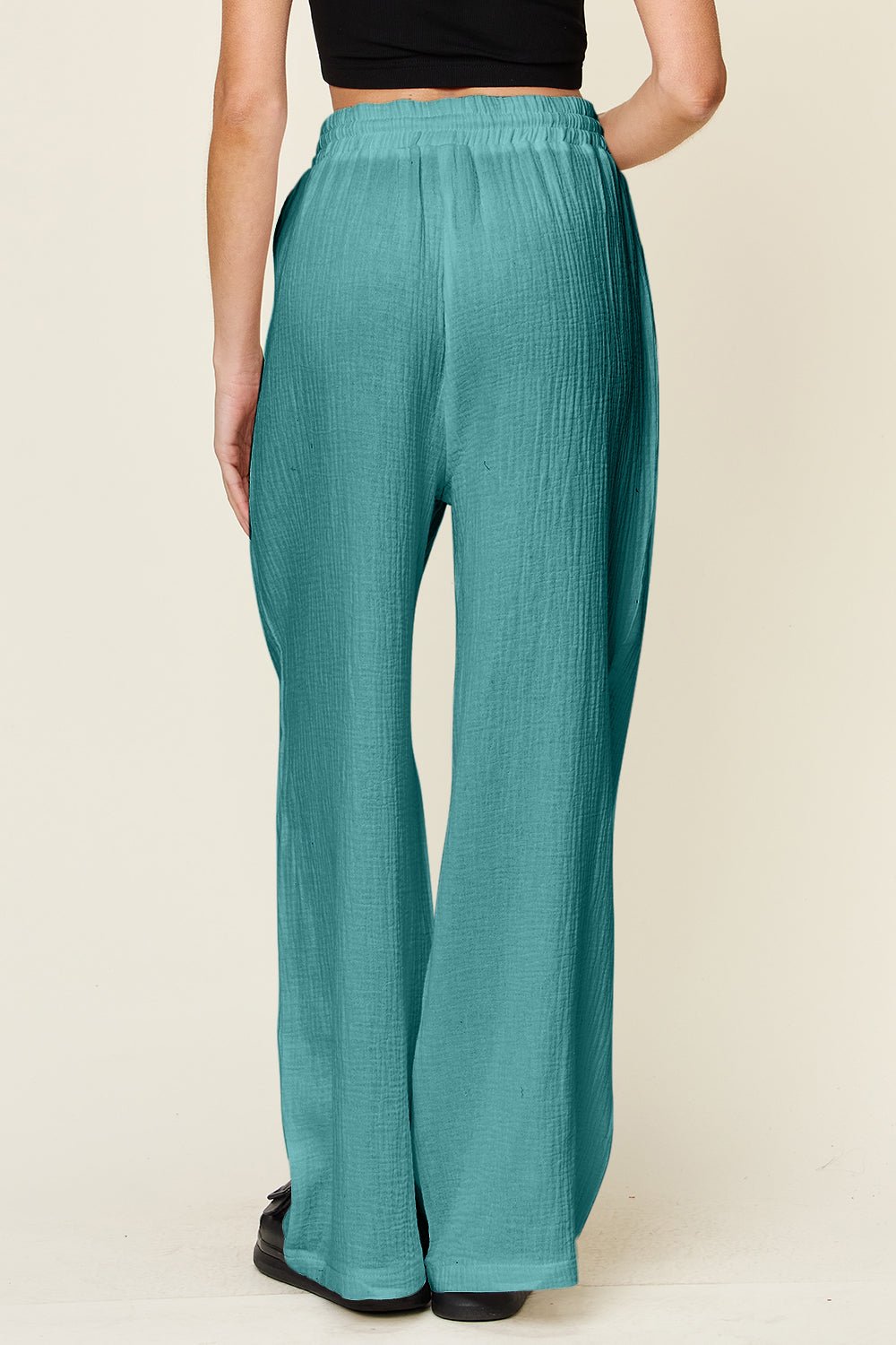Double Take Full Size Texture Drawstring Wide Leg Pants - Bella Blue Styles