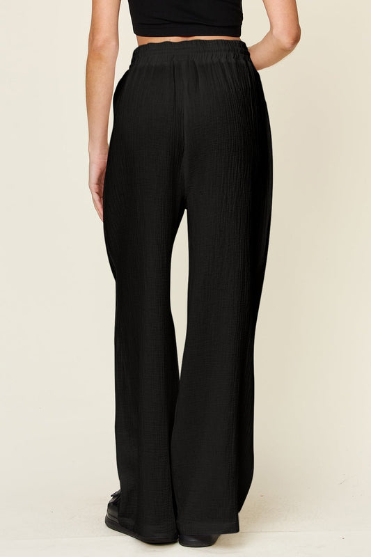 Double Take Full Size Texture Drawstring Wide Leg Pants - Bella Blue Styles