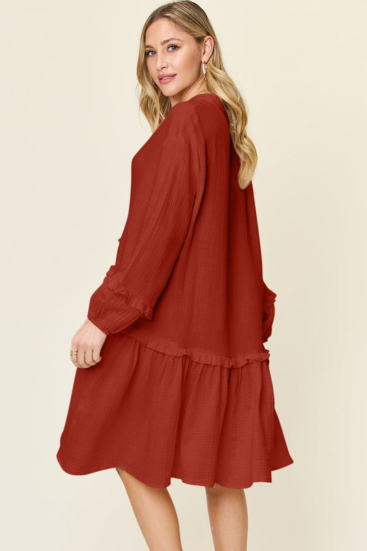 Double Take Full Size Texture Half Button Ruffle Trim Dress - Bella Blue Styles
