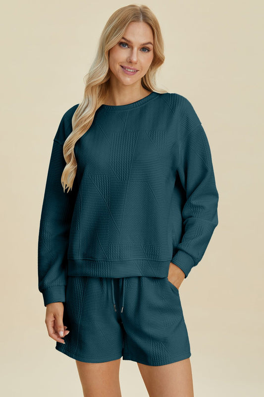 Double Take Full Size Texture Round Neck Long Sleeve Top and Shorts Set - Bella Blue Styles