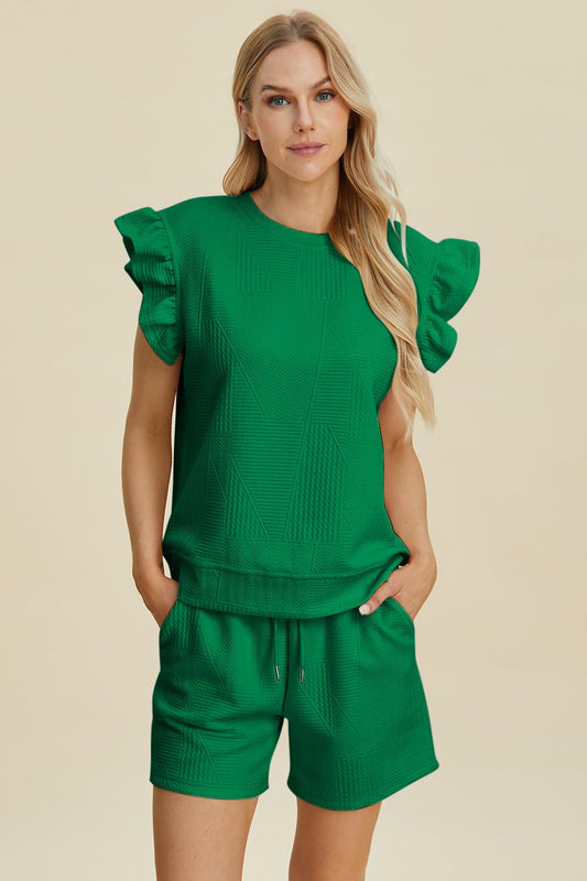 Double Take Full Size Texture Round Neck Ruffle Sleeve Top and Shorts Set - Bella Blue Styles