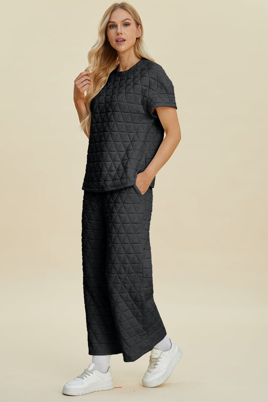 Double Take Full Size Texture Round Neck Short Sleeve Top and Pants Set - Bella Blue Styles