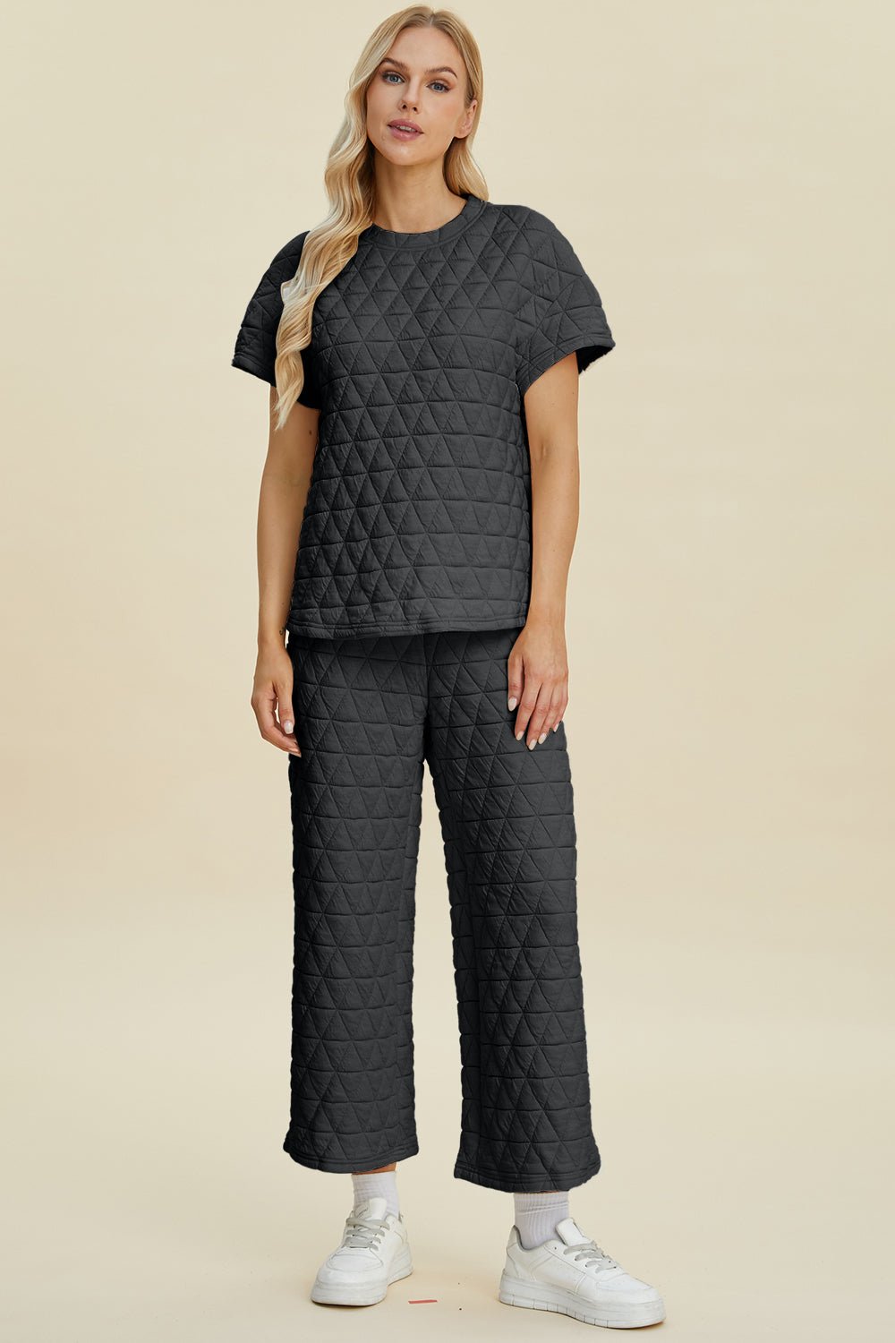 Double Take Full Size Texture Round Neck Short Sleeve Top and Pants Set - Bella Blue Styles