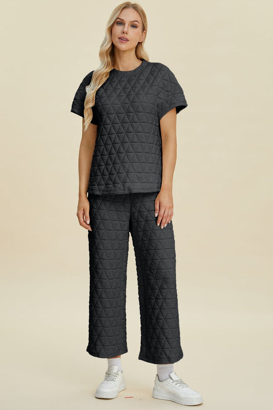 Double Take Full Size Texture Round Neck Short Sleeve Top and Pants Set - Bella Blue Styles