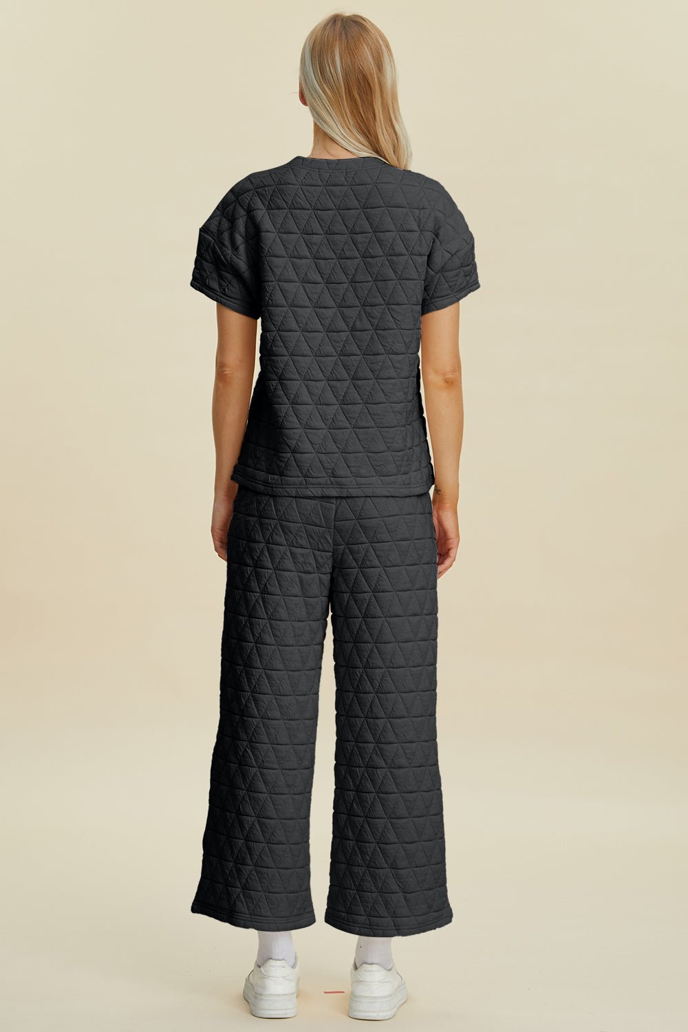 Double Take Full Size Texture Round Neck Short Sleeve Top and Pants Set - Bella Blue Styles
