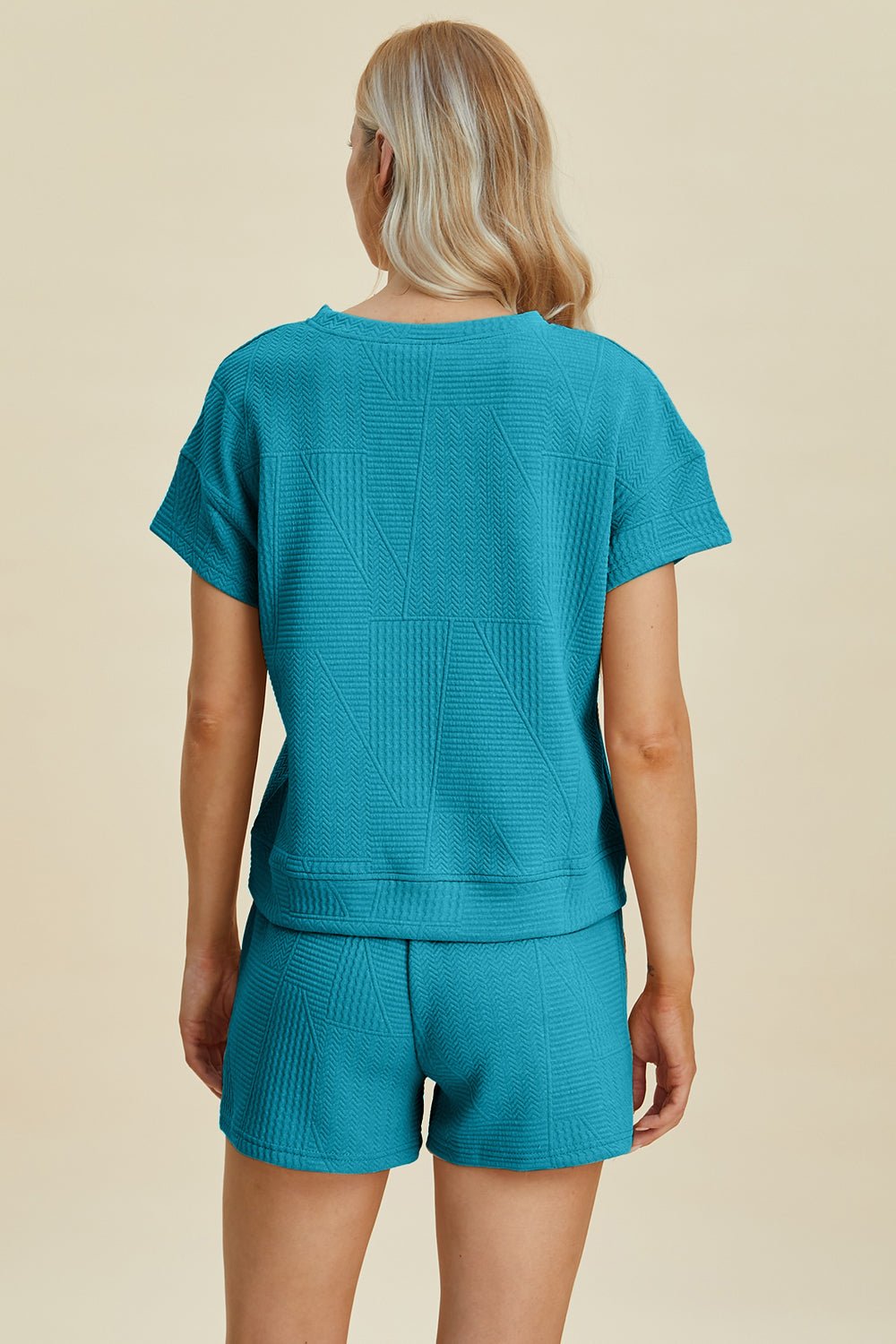 Double Take Full Size Texture Short Sleeve Top and Shorts Set - Bella Blue Styles