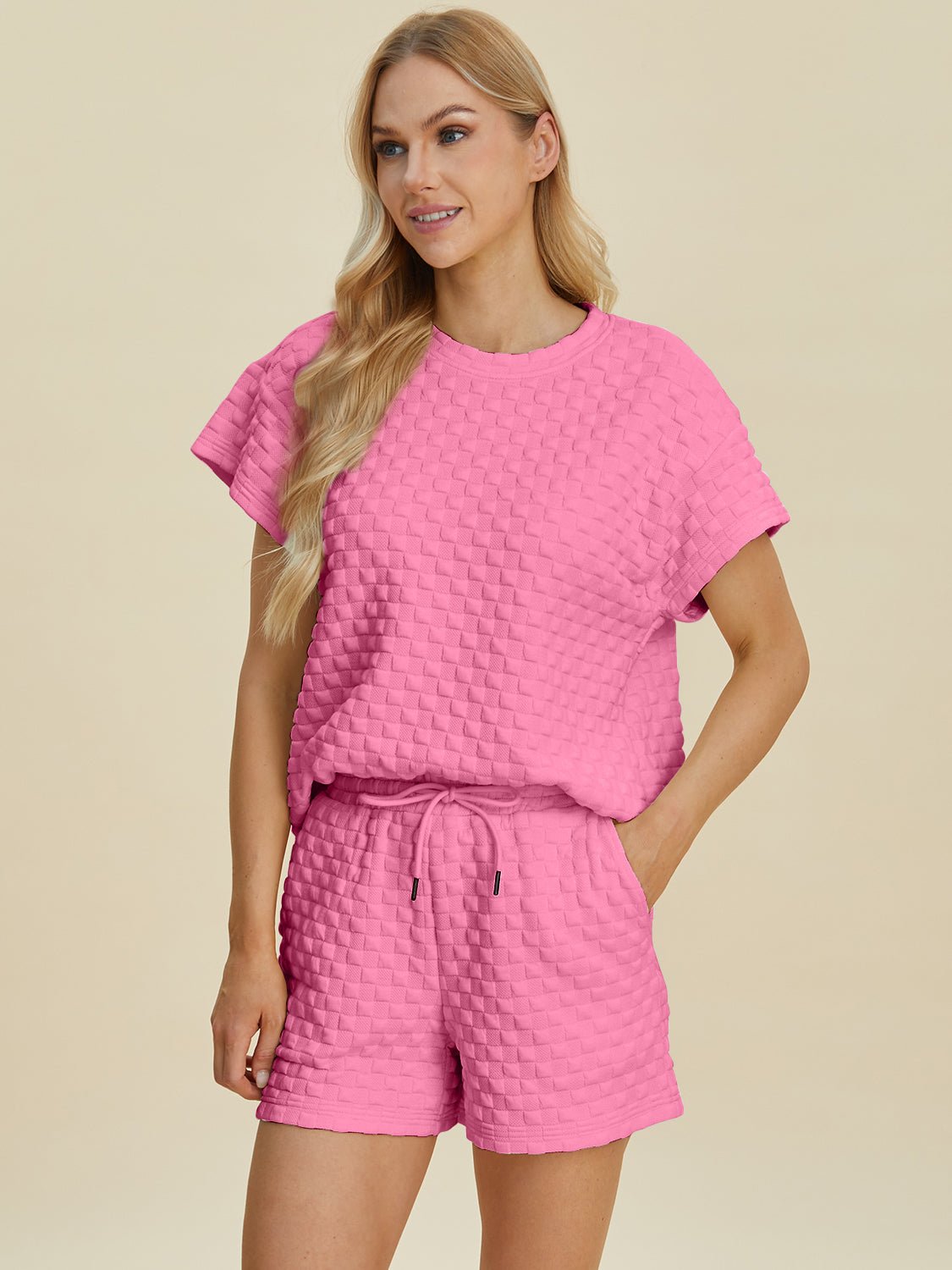 Double Take Full Size Texture T-Shirt and Shorts Set - Bella Blue Styles
