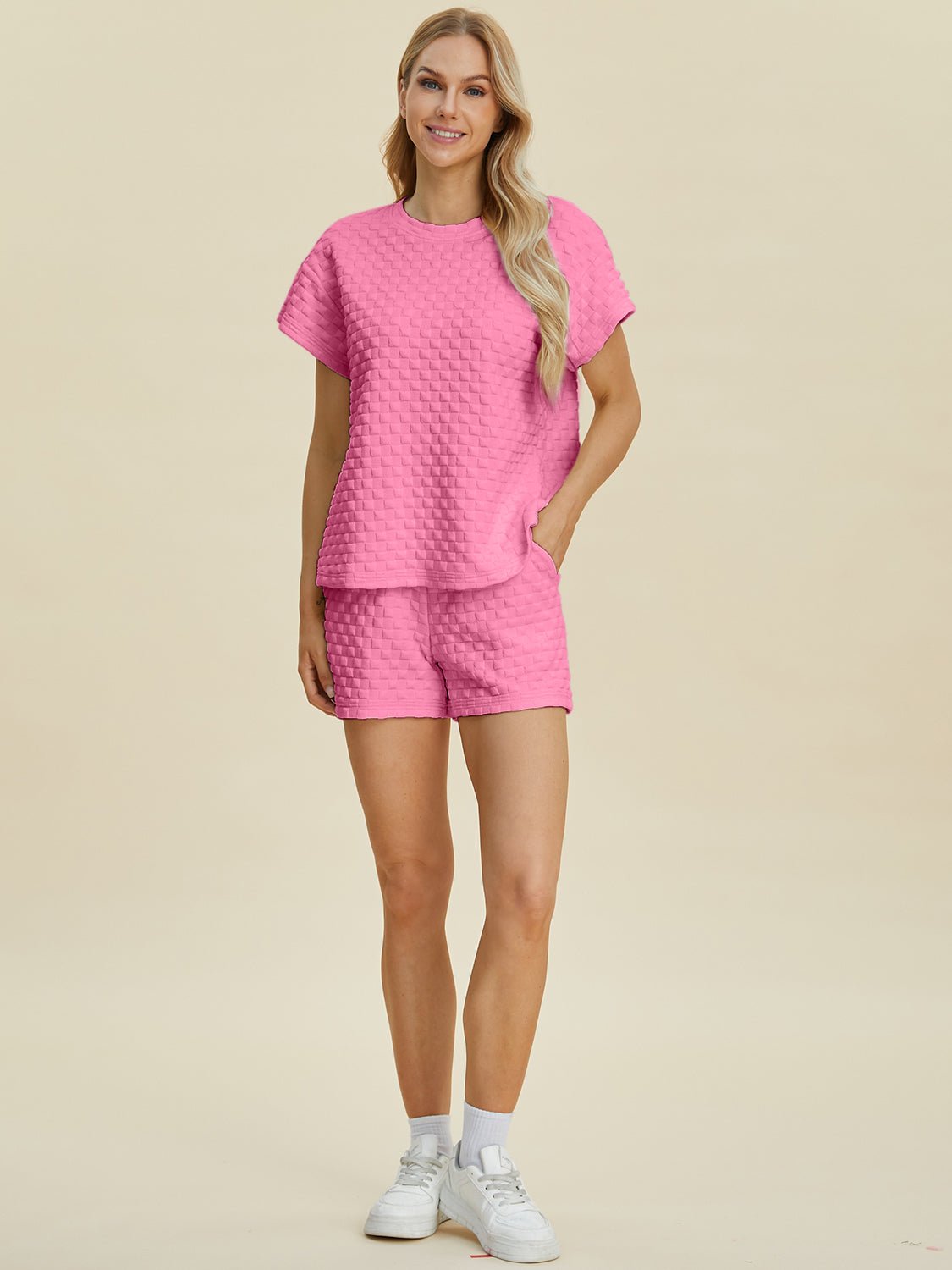 Double Take Full Size Texture T-Shirt and Shorts Set - Bella Blue Styles