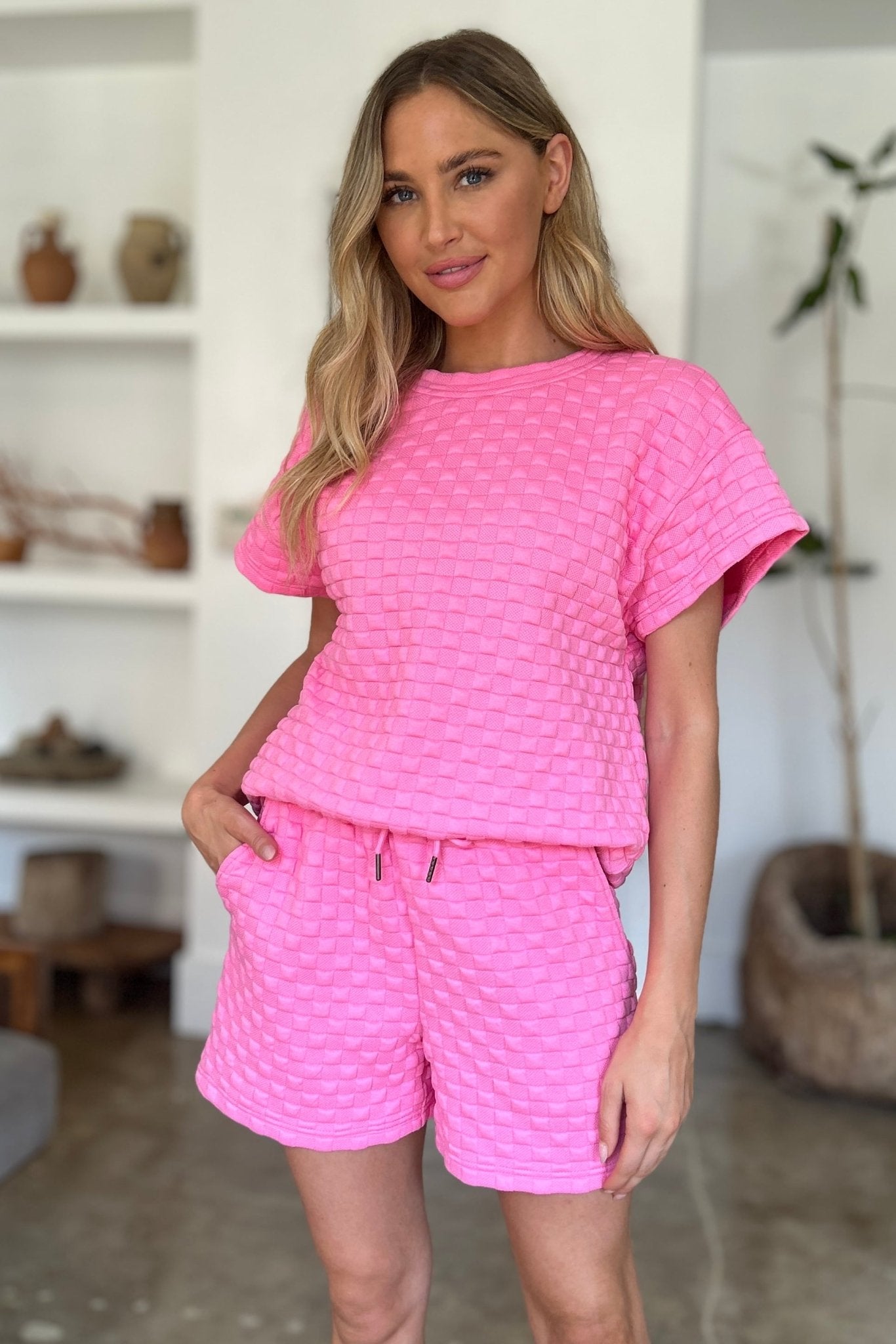 Double Take Full Size Texture T-Shirt and Shorts Set - Bella Blue Styles