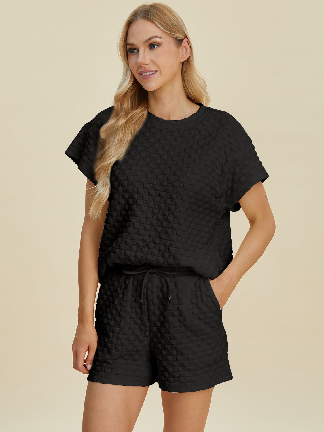 Double Take Full Size Texture T-Shirt and Shorts Set - Bella Blue Styles