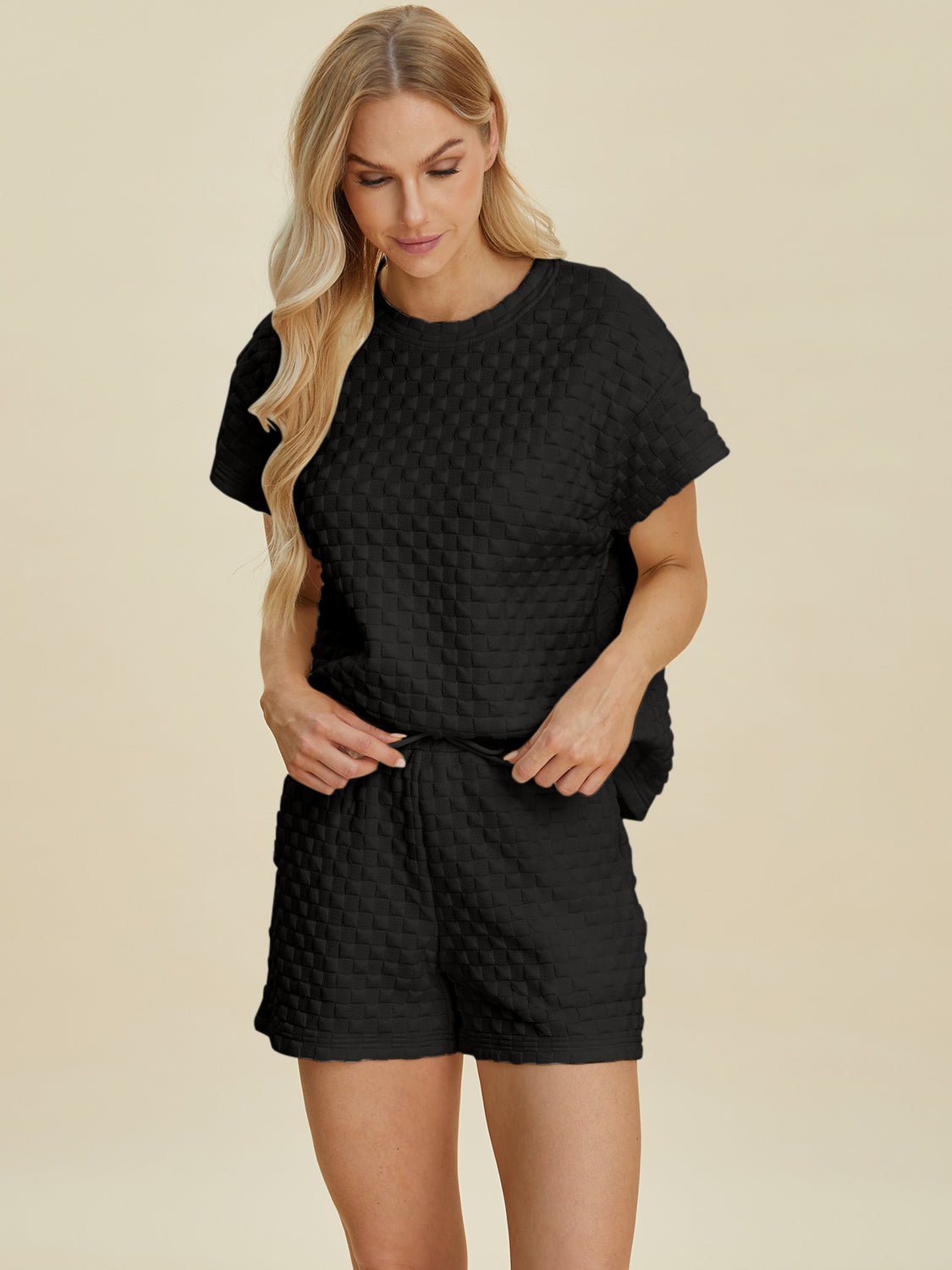 Double Take Full Size Texture T-Shirt and Shorts Set - Bella Blue Styles