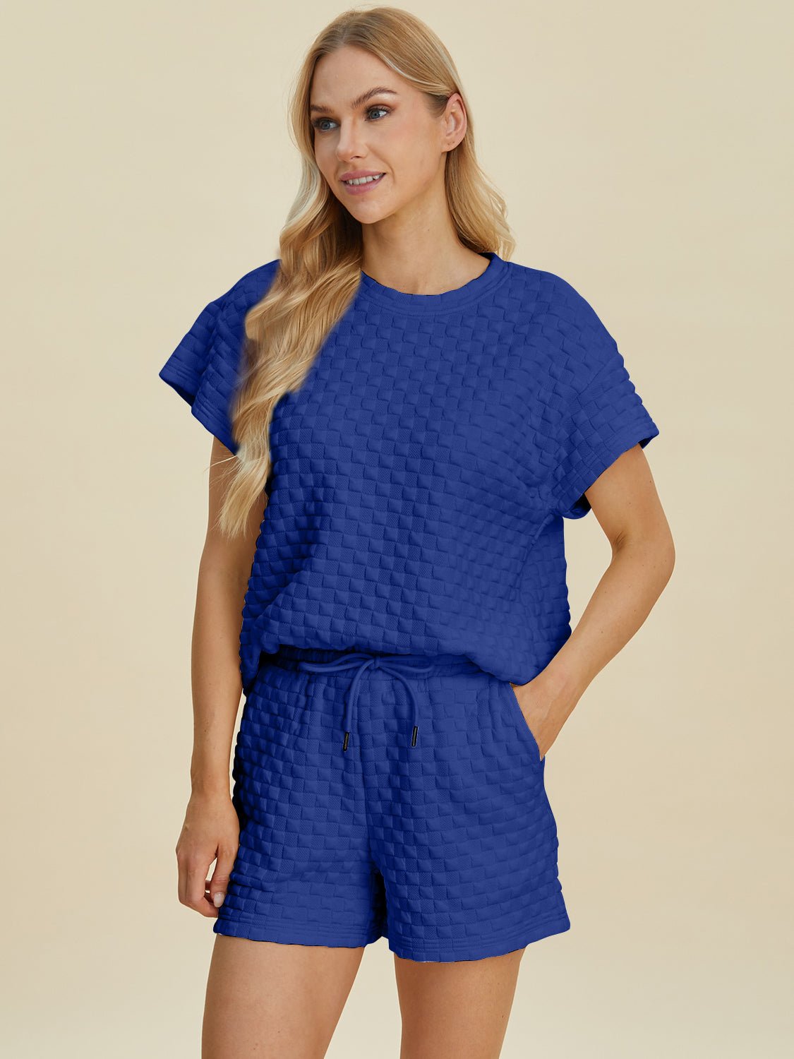 Double Take Full Size Texture T-Shirt and Shorts Set - Bella Blue Styles