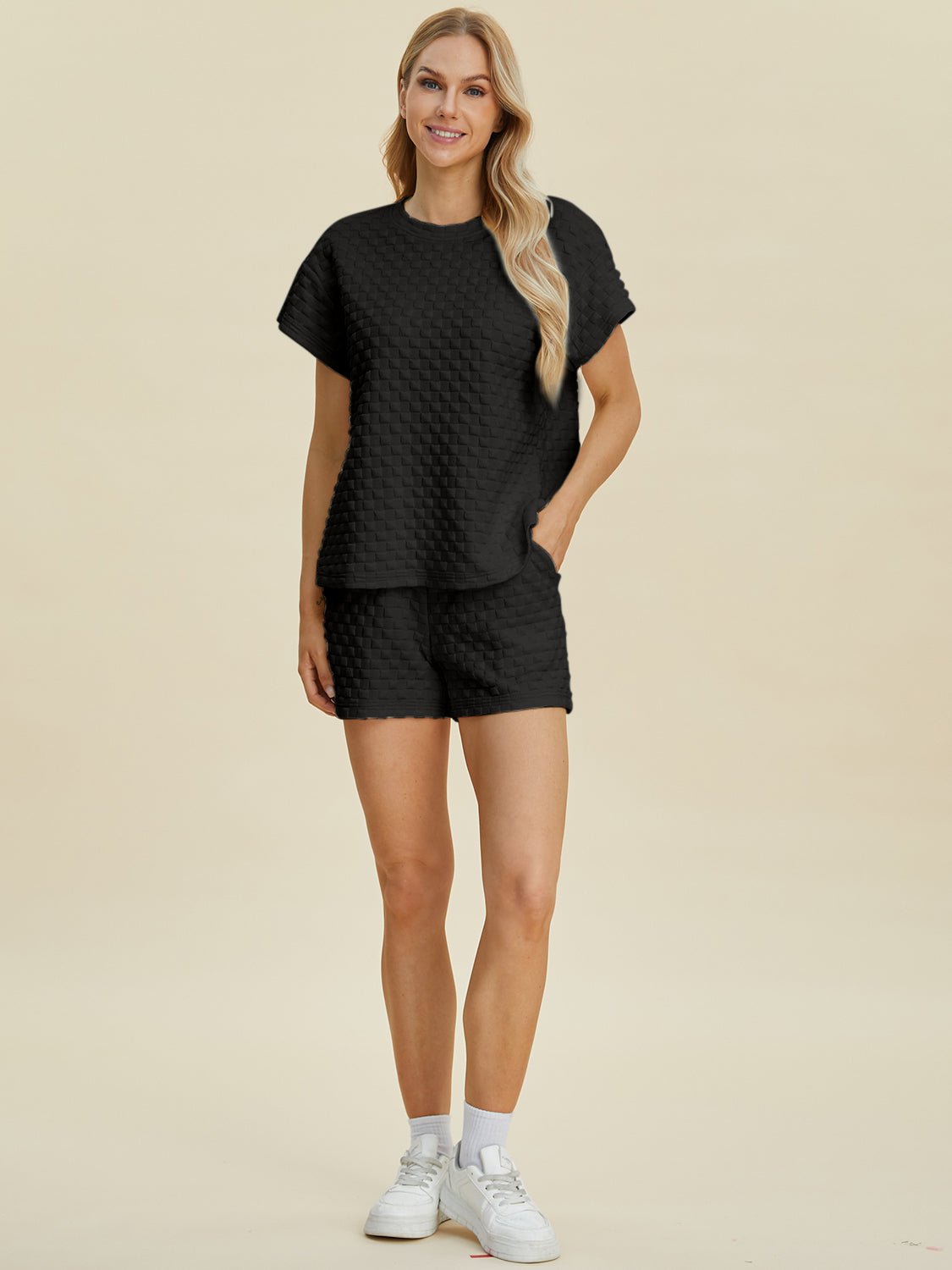 Double Take Full Size Texture T-Shirt and Shorts Set - Bella Blue Styles