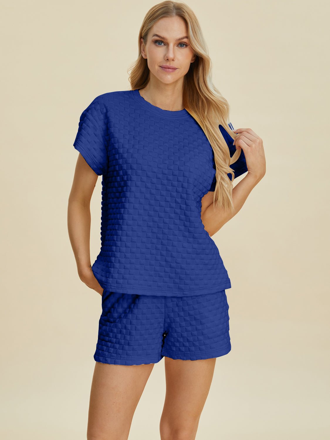 Double Take Full Size Texture T-Shirt and Shorts Set - Bella Blue Styles