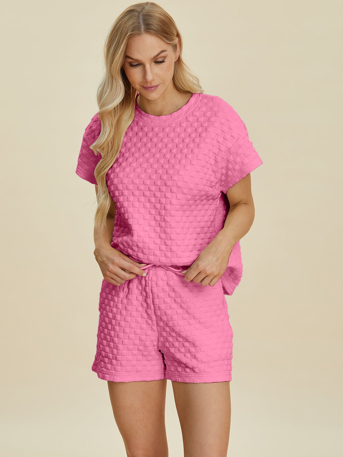 Double Take Full Size Texture T-Shirt and Shorts Set - Bella Blue Styles