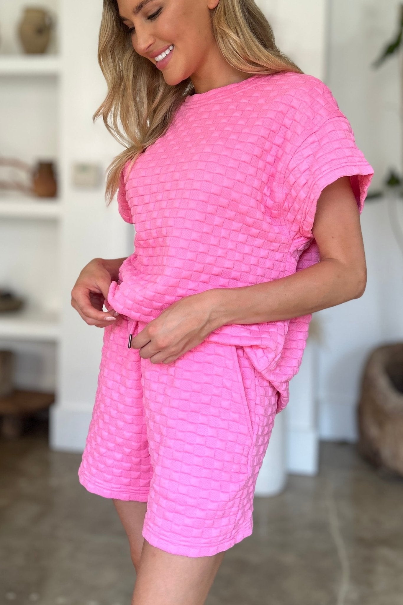 Double Take Full Size Texture T-Shirt and Shorts Set - Bella Blue Styles