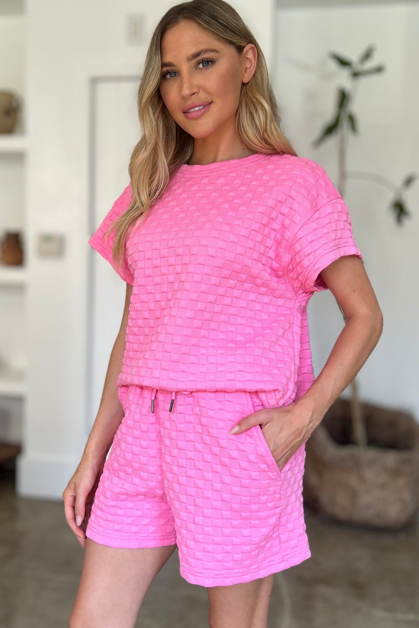 Double Take Full Size Texture T-Shirt and Shorts Set - Bella Blue Styles