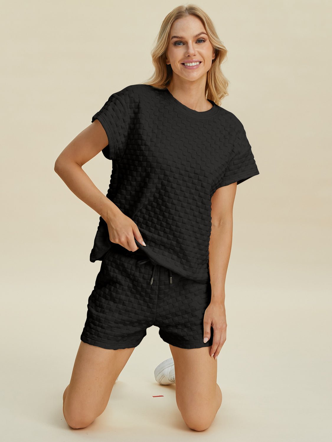 Double Take Full Size Texture T-Shirt and Shorts Set - Bella Blue Styles
