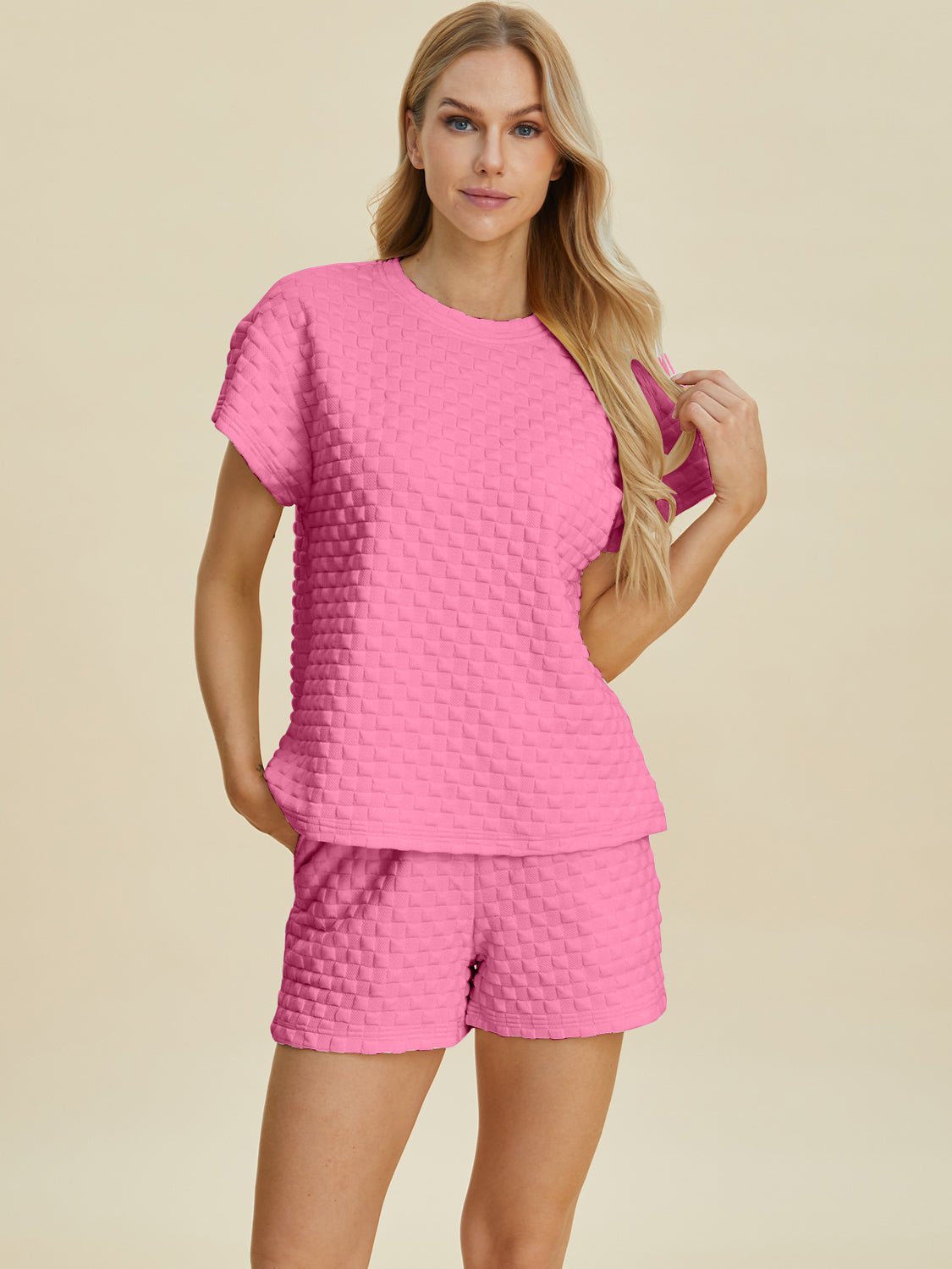Double Take Full Size Texture T-Shirt and Shorts Set - Bella Blue Styles