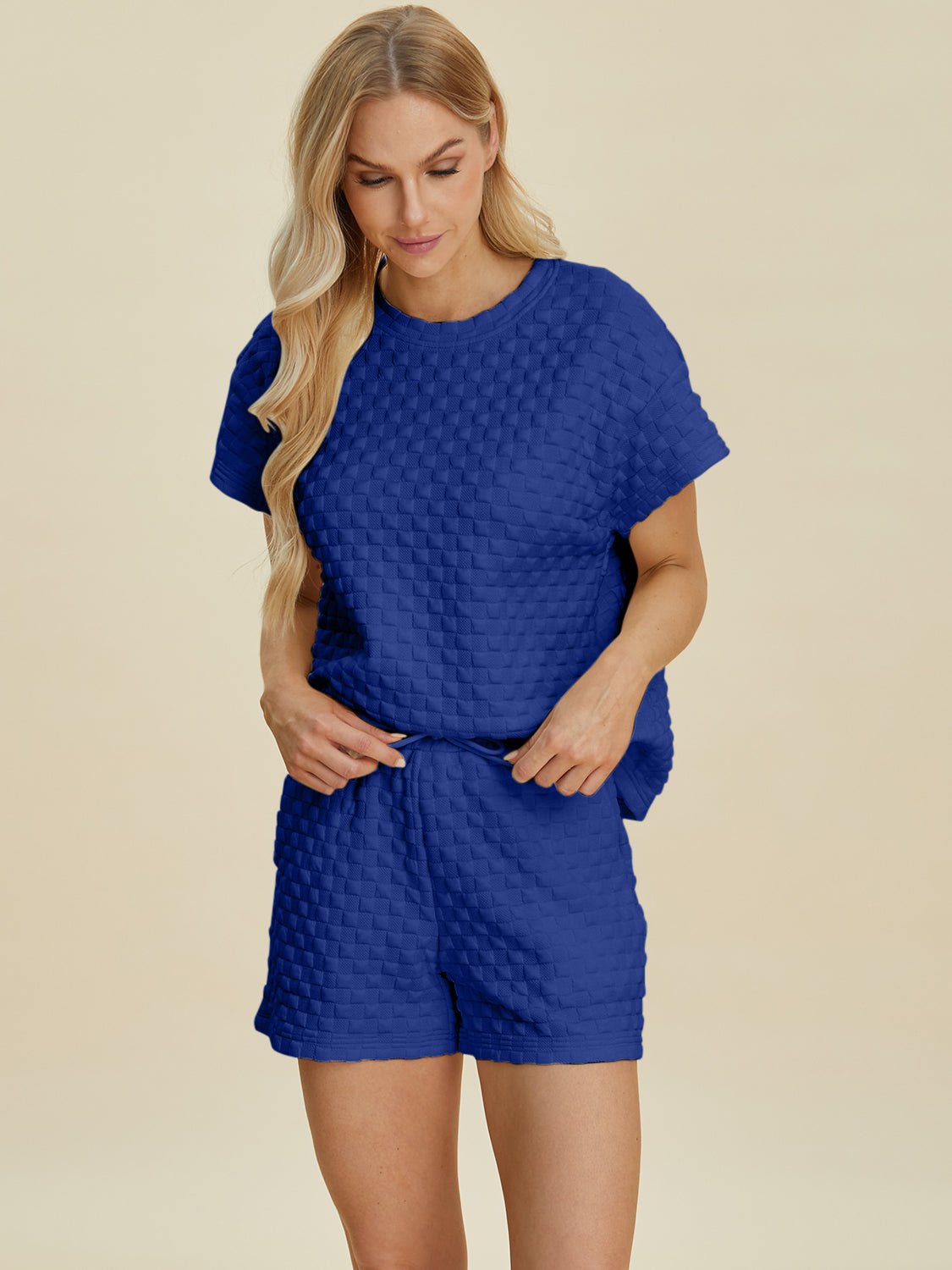 Double Take Full Size Texture T-Shirt and Shorts Set - Bella Blue Styles
