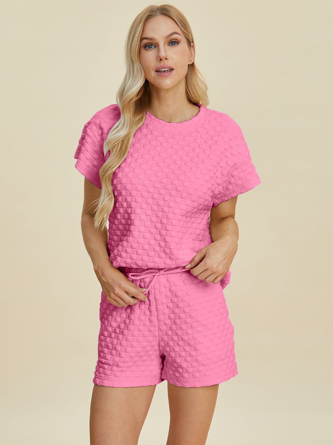 Double Take Full Size Texture T-Shirt and Shorts Set - Bella Blue Styles