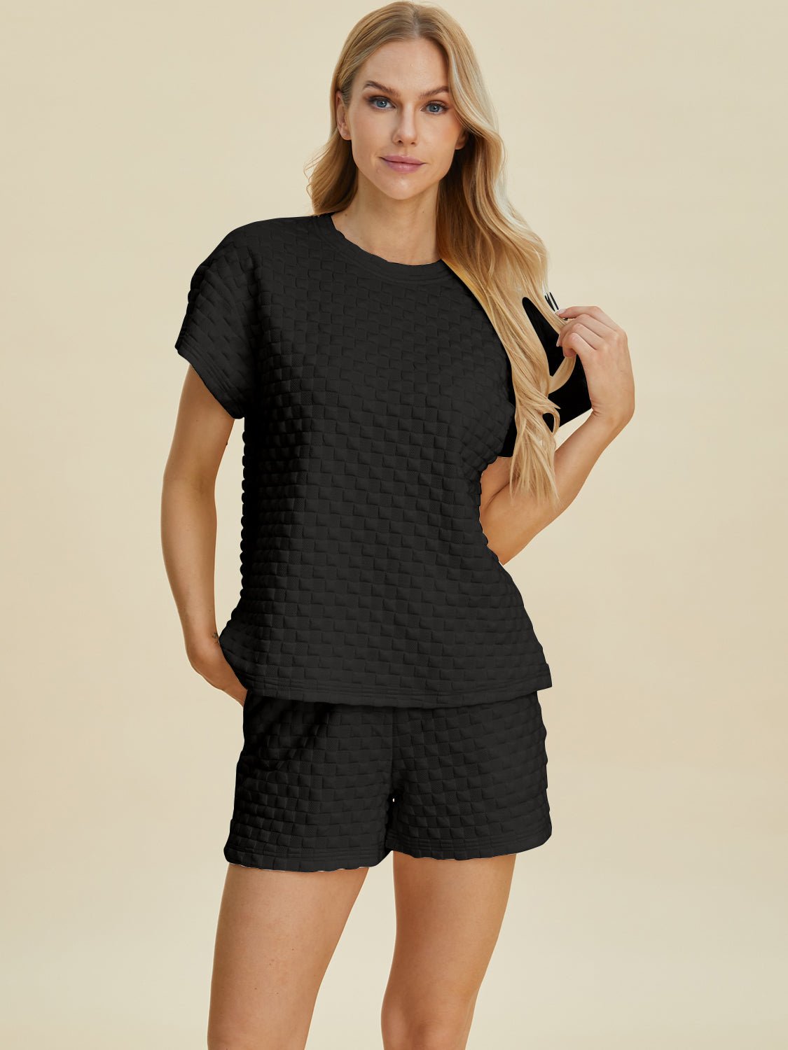 Double Take Full Size Texture T-Shirt and Shorts Set - Bella Blue Styles