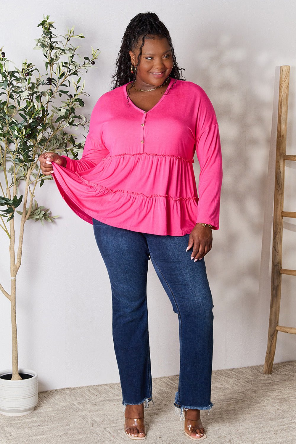 Double Take Half Button Long Sleeve Ruffle Hem Blouse - Bella Blue Styles