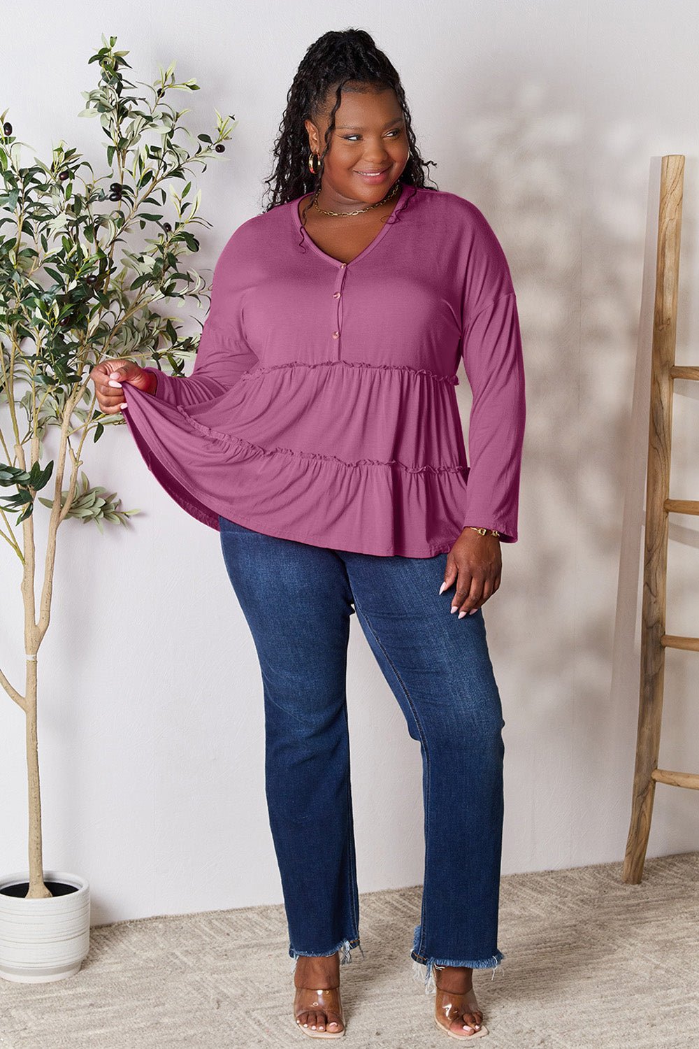 Double Take Half Button Long Sleeve Ruffle Hem Blouse - Bella Blue Styles
