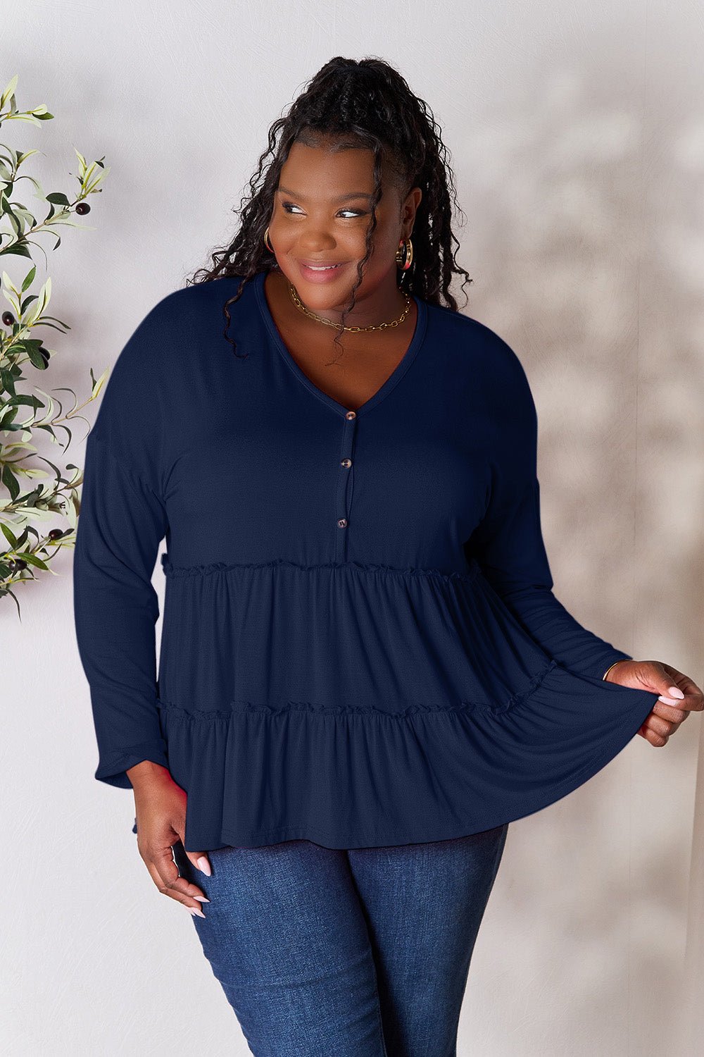Double Take Half Button Long Sleeve Ruffle Hem Blouse - Bella Blue Styles