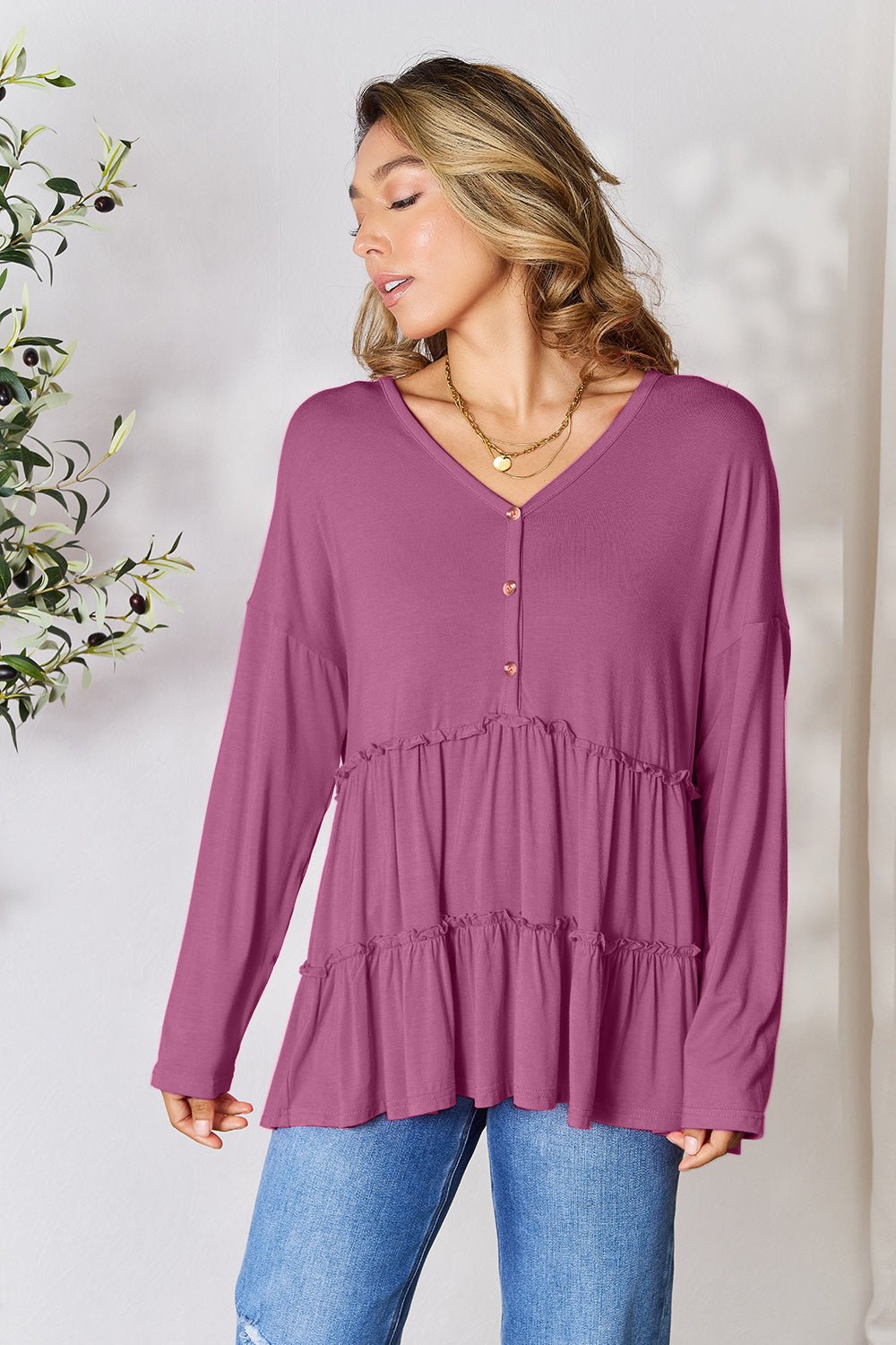 Double Take Half Button Long Sleeve Ruffle Hem Blouse - Bella Blue Styles